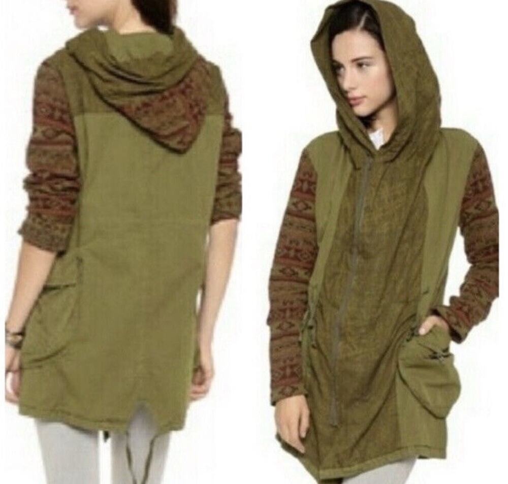 Free People Mixed Media Tapestry Hooded Parka Jacket Size S in Army Green